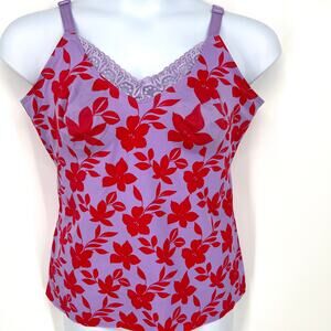 Ruby Ribbon Red Hibiscus Cami Tank Lace Trim Built in Bra Size 42